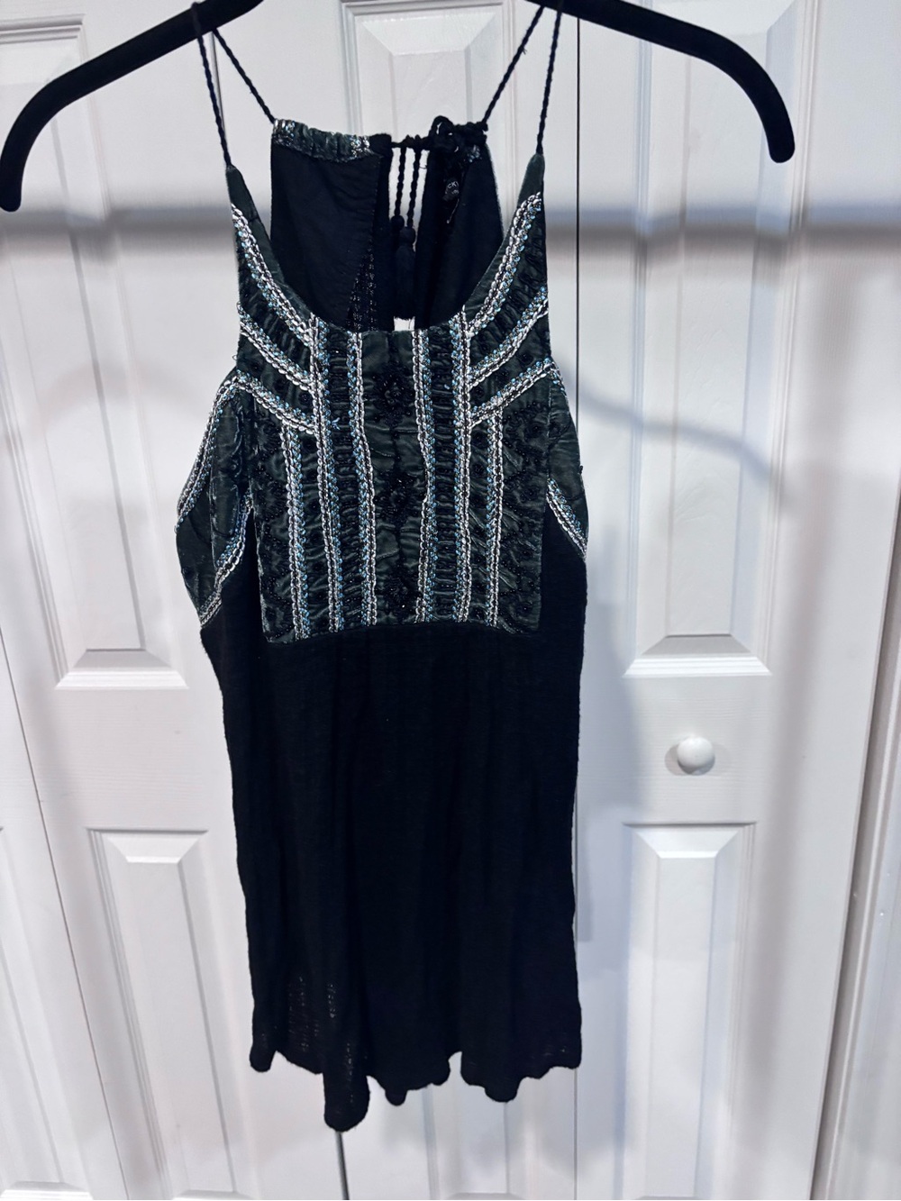 Lucky Brand Black Halter Tank with Metallic Green Embroidery